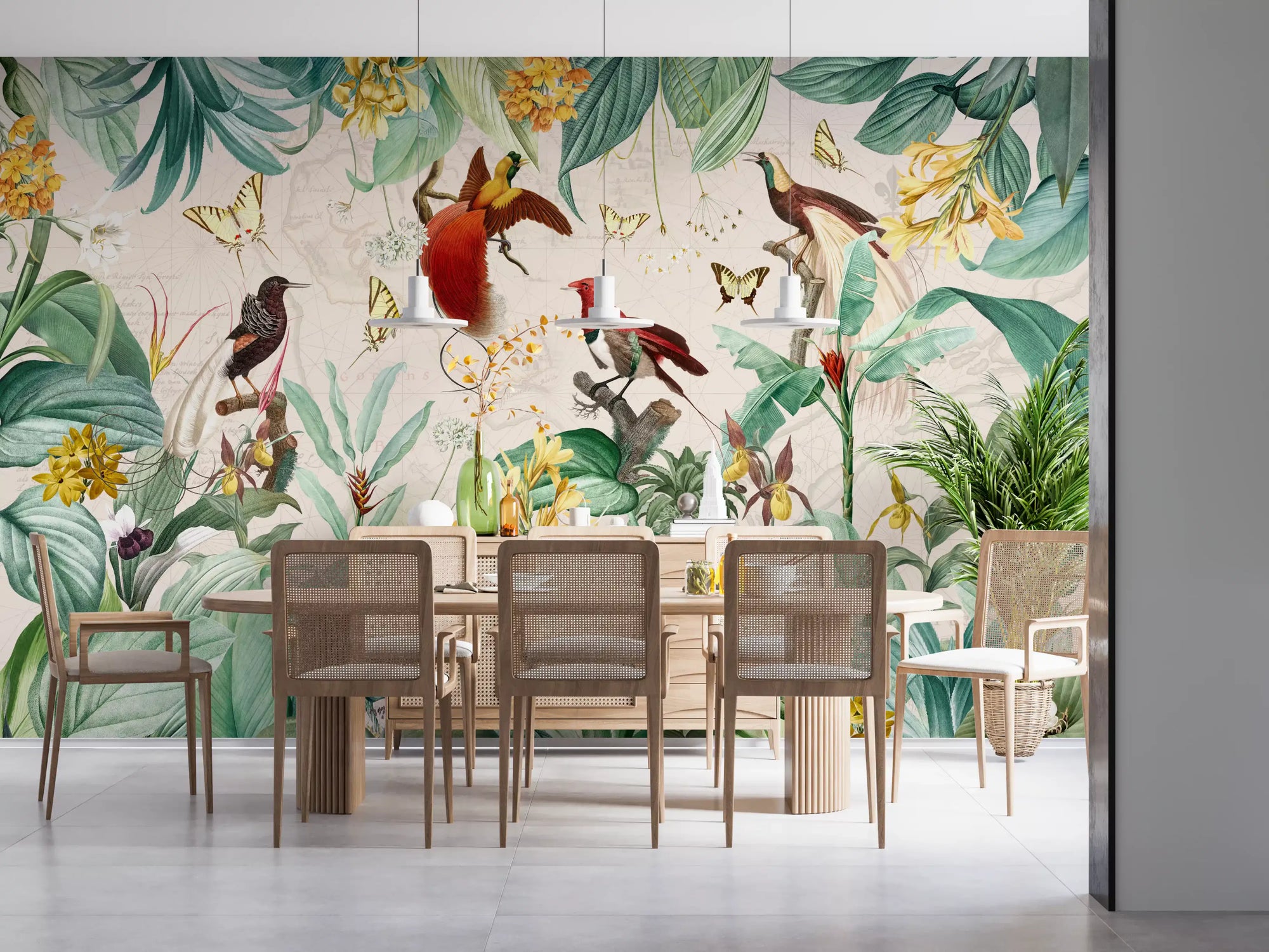 Vintage bird botanical wall mural adding tropical colour to a dining room GD11540
