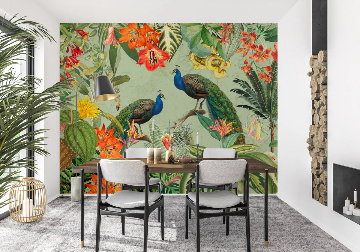 Two peacocks on an exotic floral wall mural adding colour to a dining room GD11541
