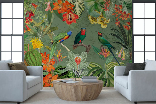 Exotic parrot botanical wall mural adding tropical colour to a living room GD11542