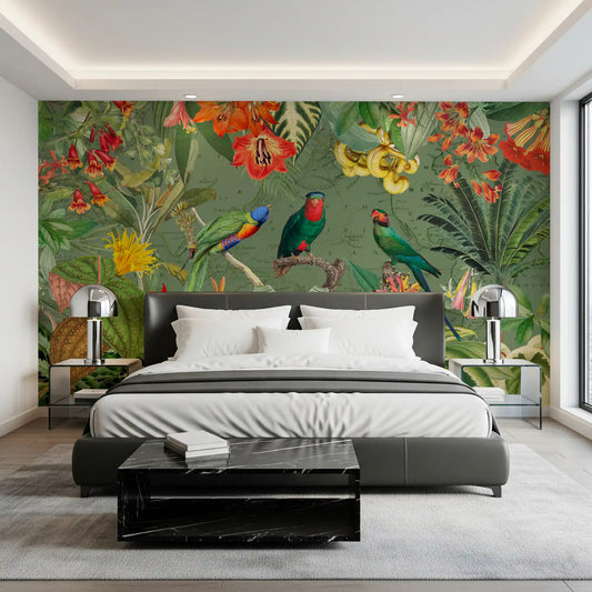 Orange lilies and palms on a wall mural in a bedroom GD11542
