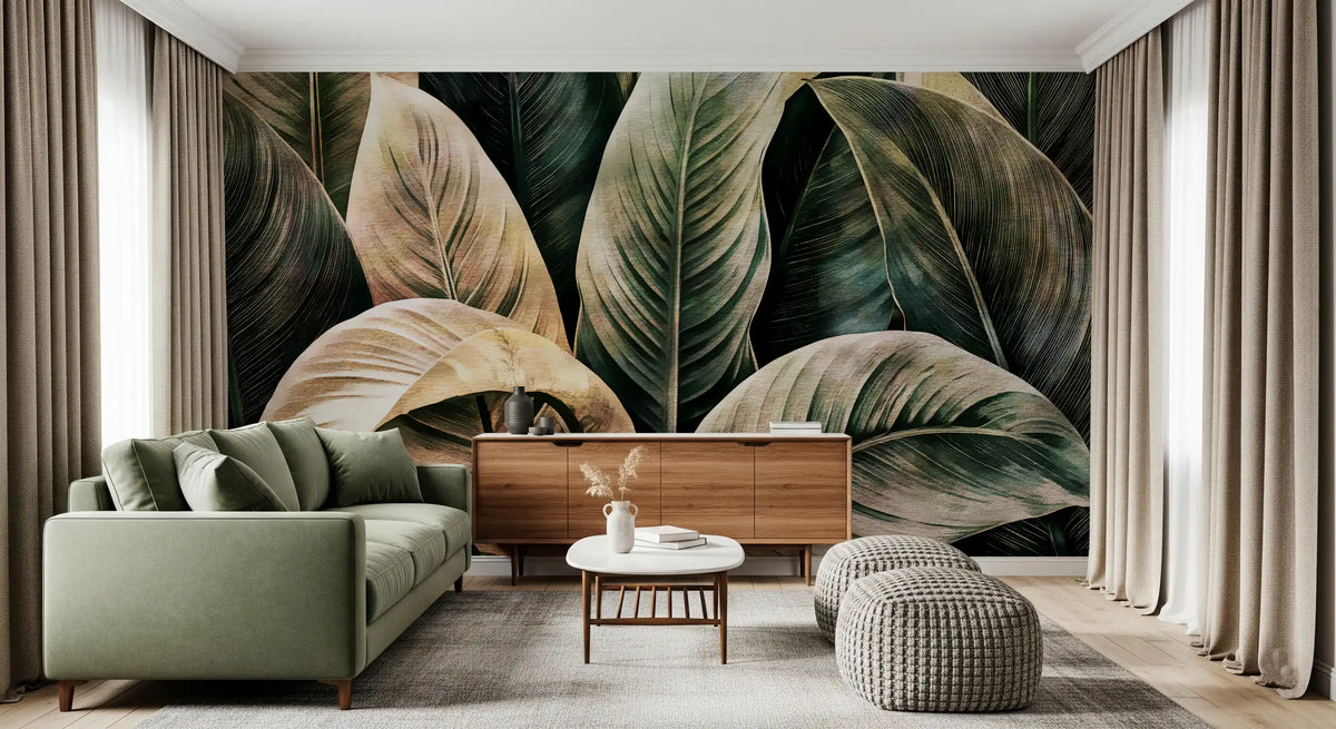 Green and gold botanical wall mural adding big leaves to a living room GD11545
