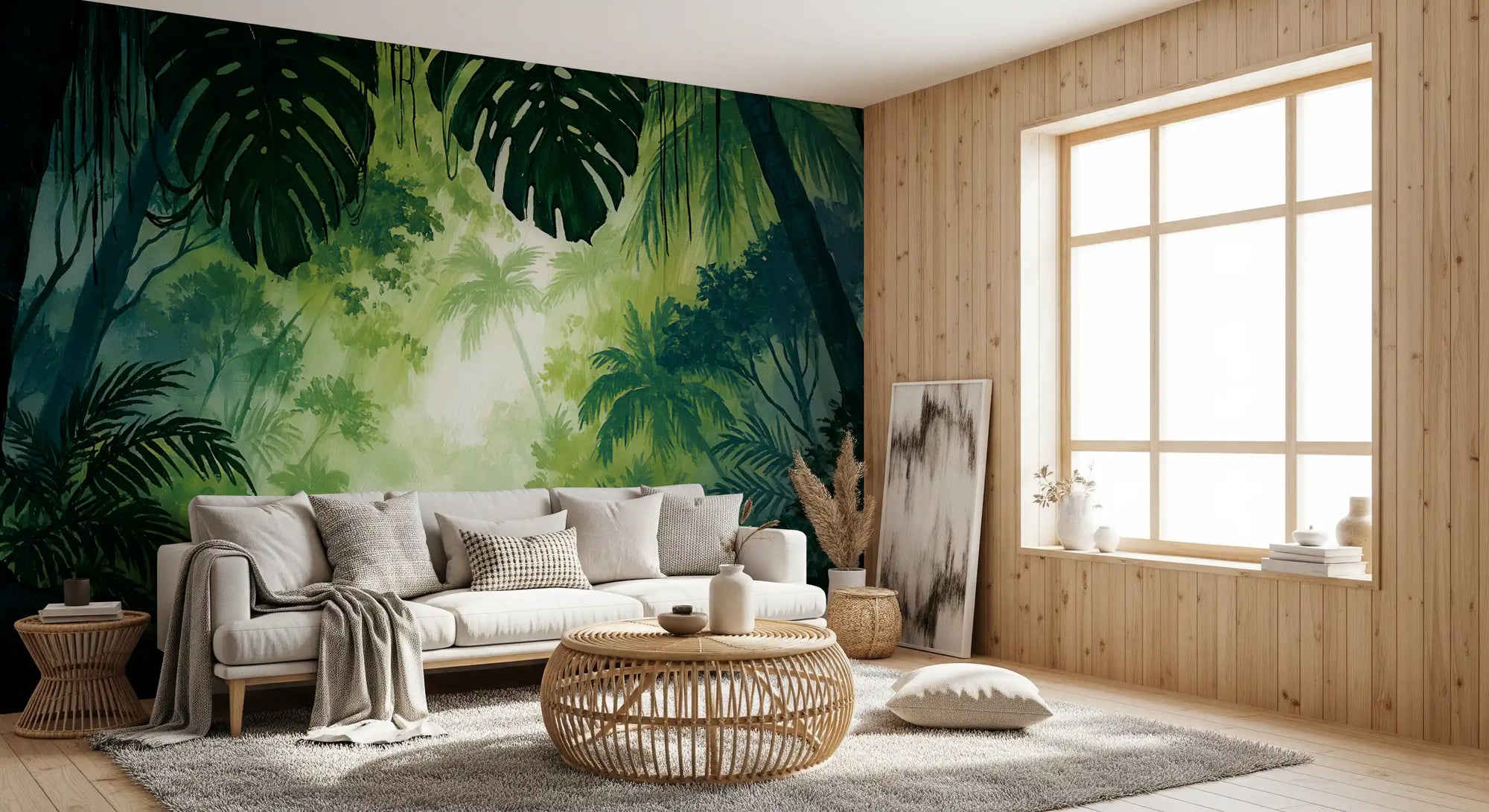 Deep green rainforest wall mural adding a misty canopy to a living room GD11546