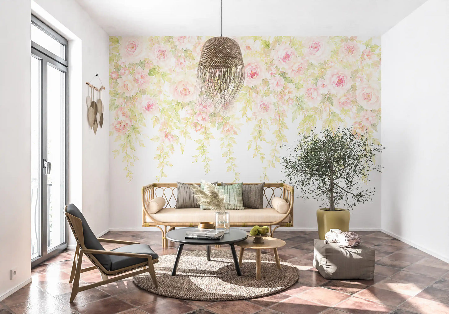 Vægmaleri med bløde rosa rosenkaskader
