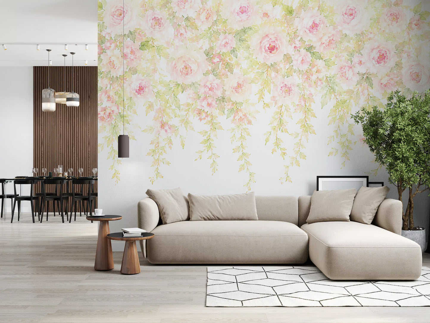 Vægmaleri med bløde rosa rosenkaskader