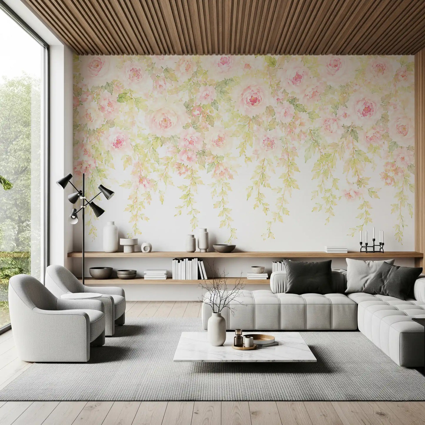 Vægmaleri med bløde rosa rosenkaskader