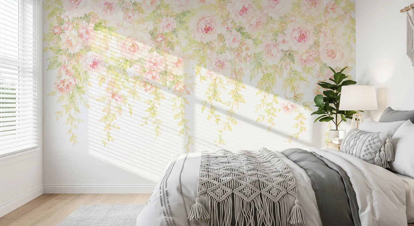Vægmaleri med bløde rosa rosenkaskader