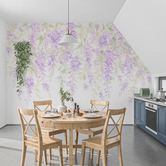 Purple wisteria hangs over a dining room, Spring Wisteria Canopy wall mural GD11549
