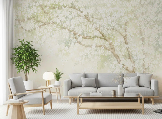 White blossoms arch over a living room, Misty Orchard Canopy wall mural GD11550
