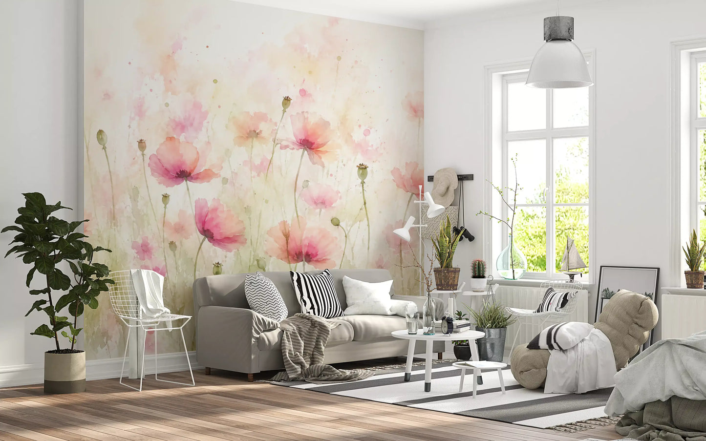 Vægmaleri med vilde blomster i blush pink eng