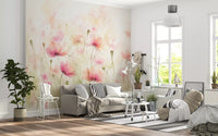 Vægmaleri med vilde blomster i blush pink eng