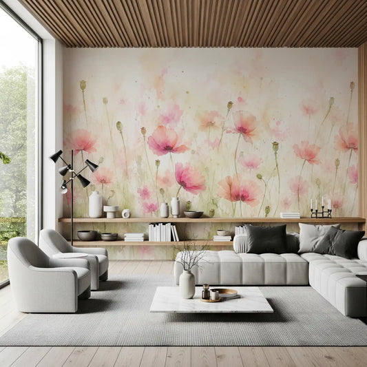 Pink poppies and green stems spread over a living room, Blush Meadow wall mural GD11551