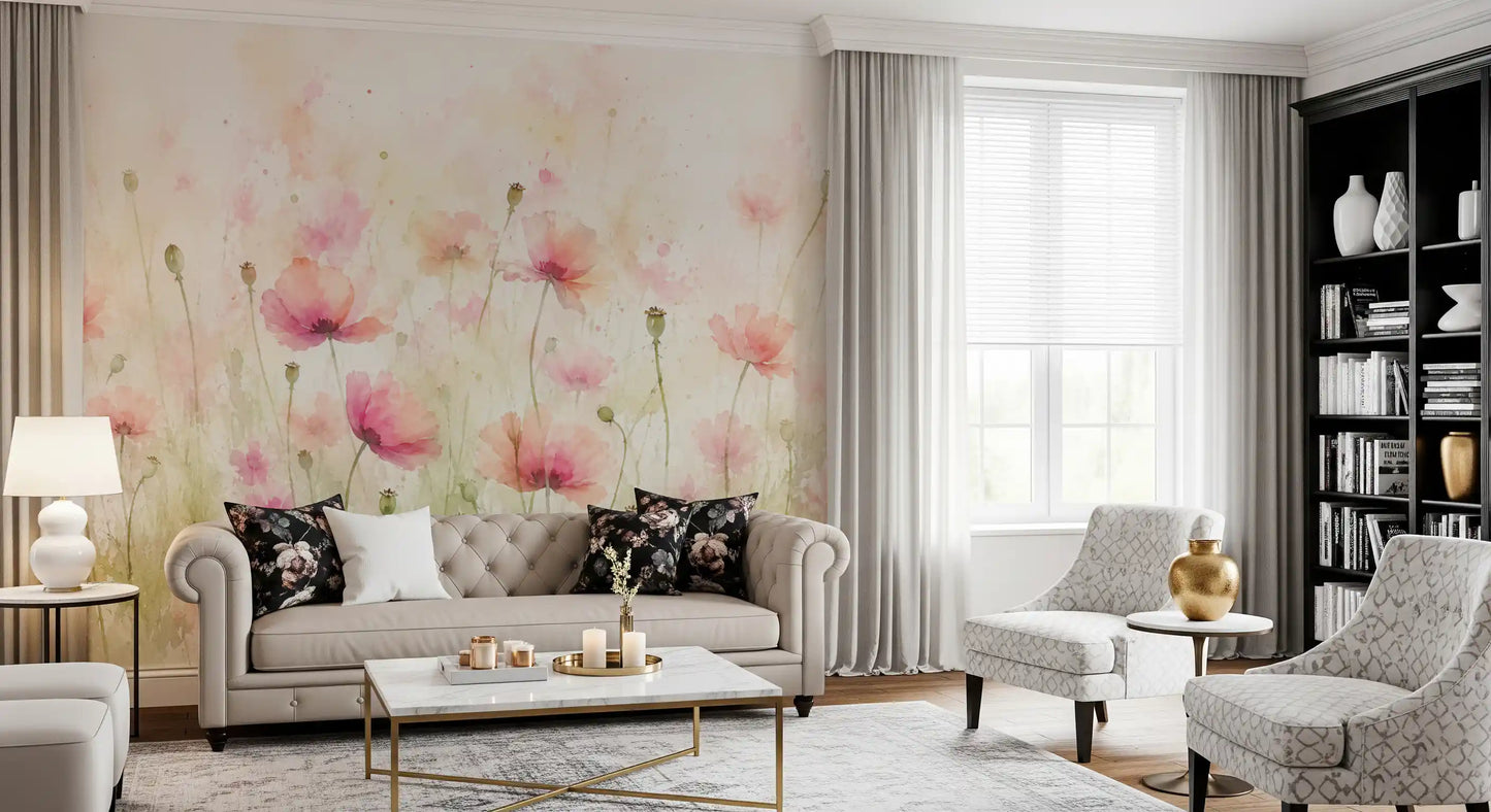 Vægmaleri med vilde blomster i blush pink eng