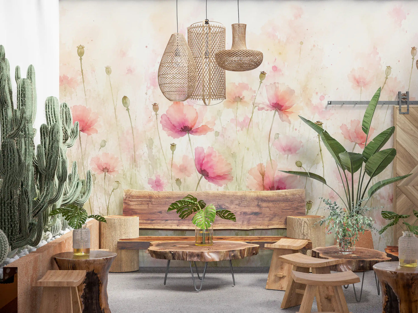 Vægmaleri med vilde blomster i blush pink eng