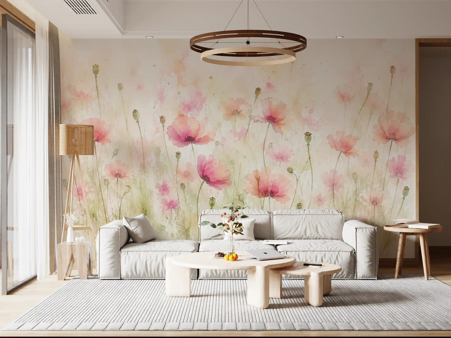 Vægmaleri med vilde blomster i blush pink eng