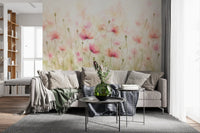 Vægmaleri med vilde blomster i blush pink eng
