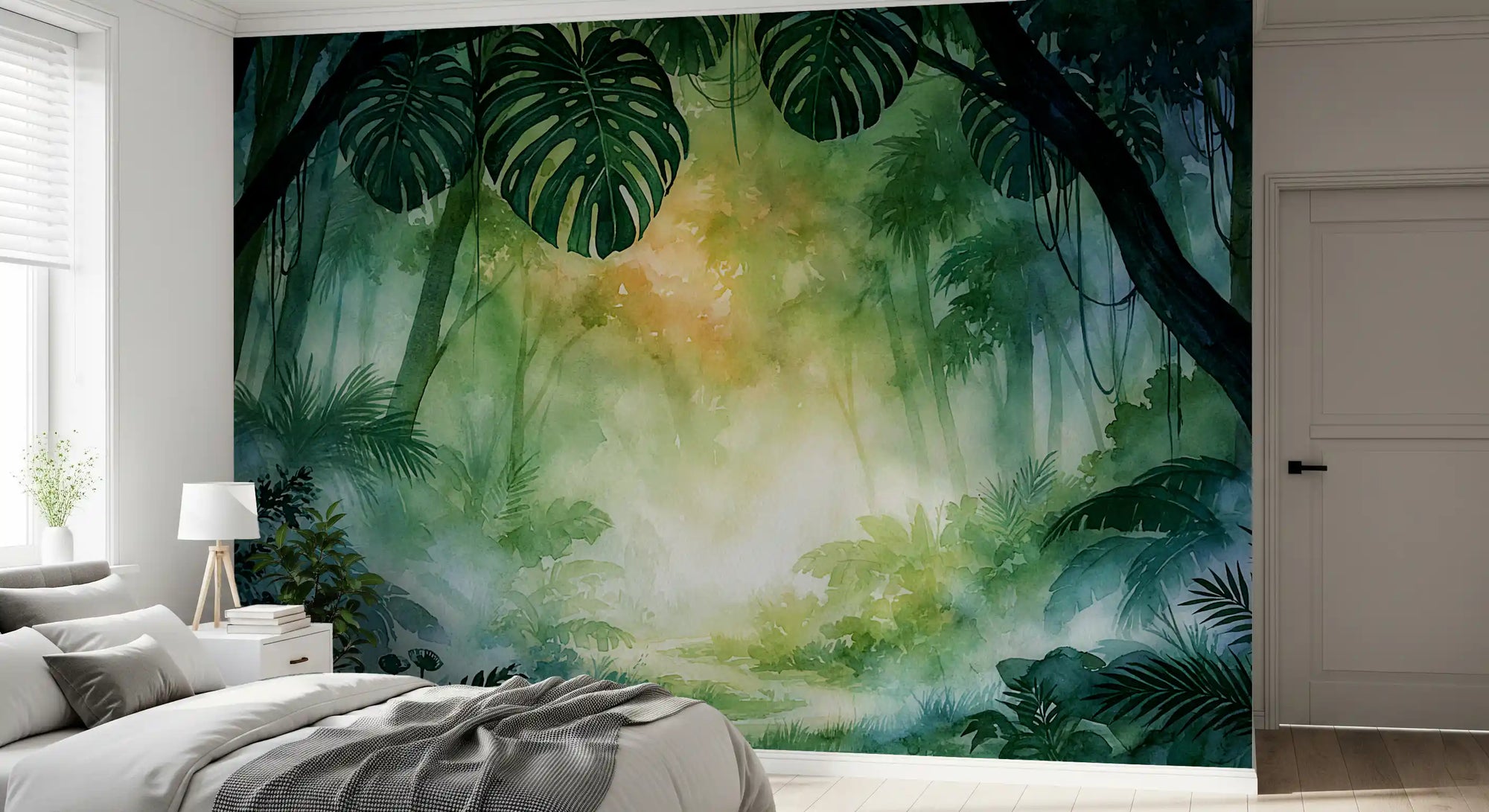 Emerald and gold foliage wall mural adding a jungle glow to a bedroom GD11553