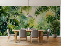 Murale da parete con fogliame di oasi tropicale nebbiosa