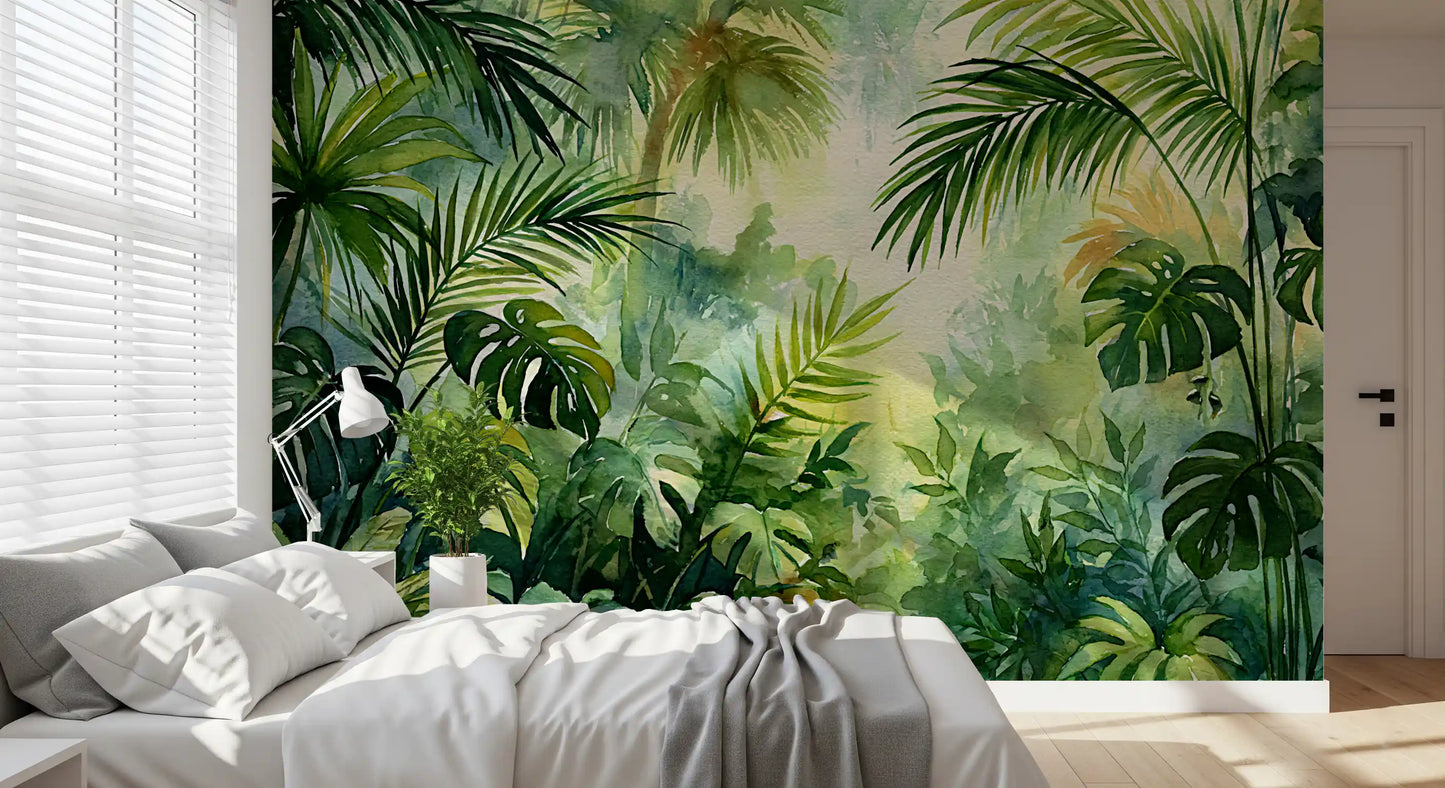 Murale da parete con fogliame di oasi tropicale nebbiosa