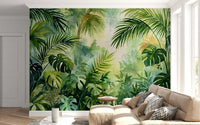 Murale da parete con fogliame di oasi tropicale nebbiosa