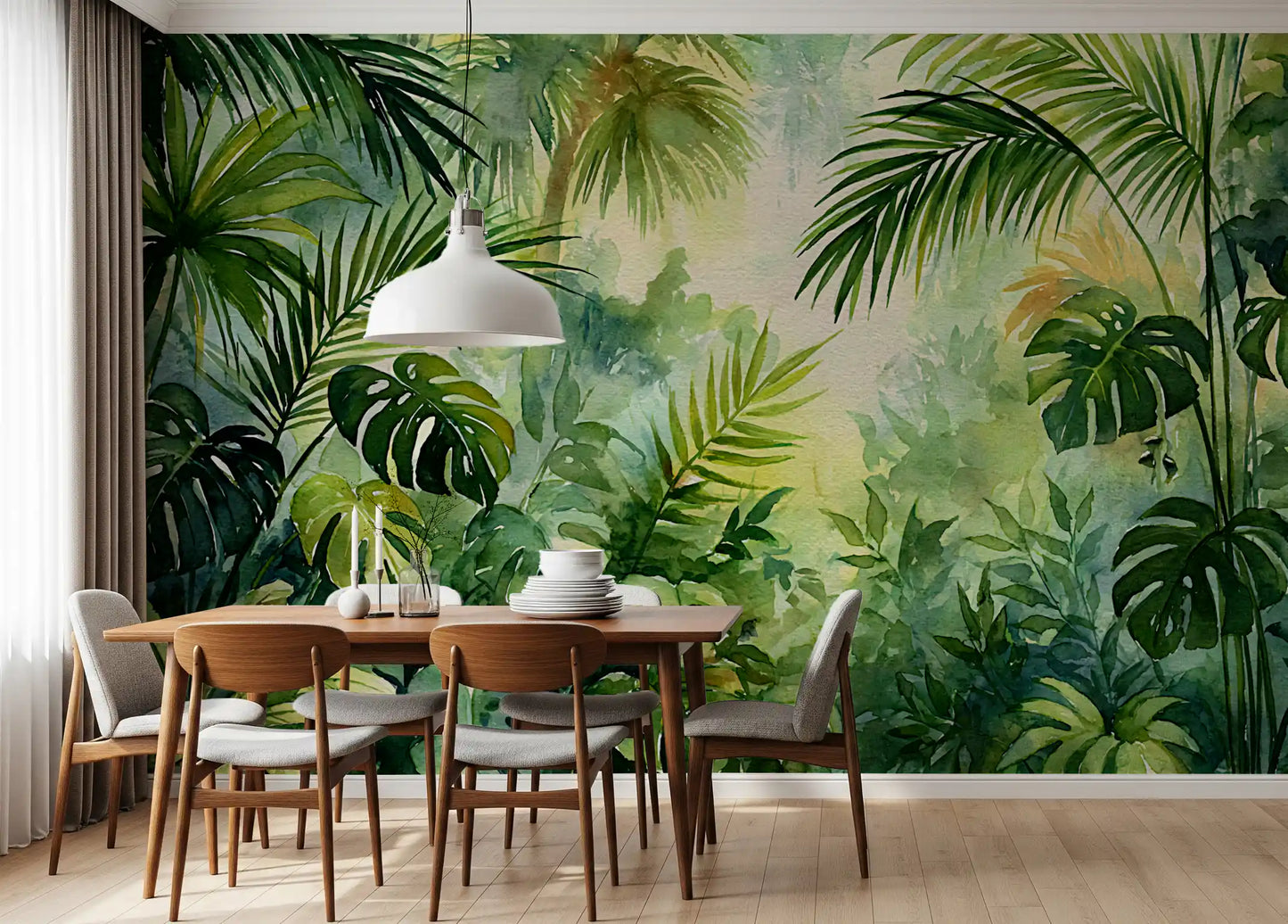 Murale da parete con fogliame di oasi tropicale nebbiosa