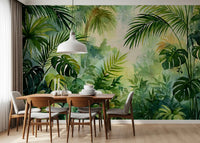Murale da parete con fogliame di oasi tropicale nebbiosa