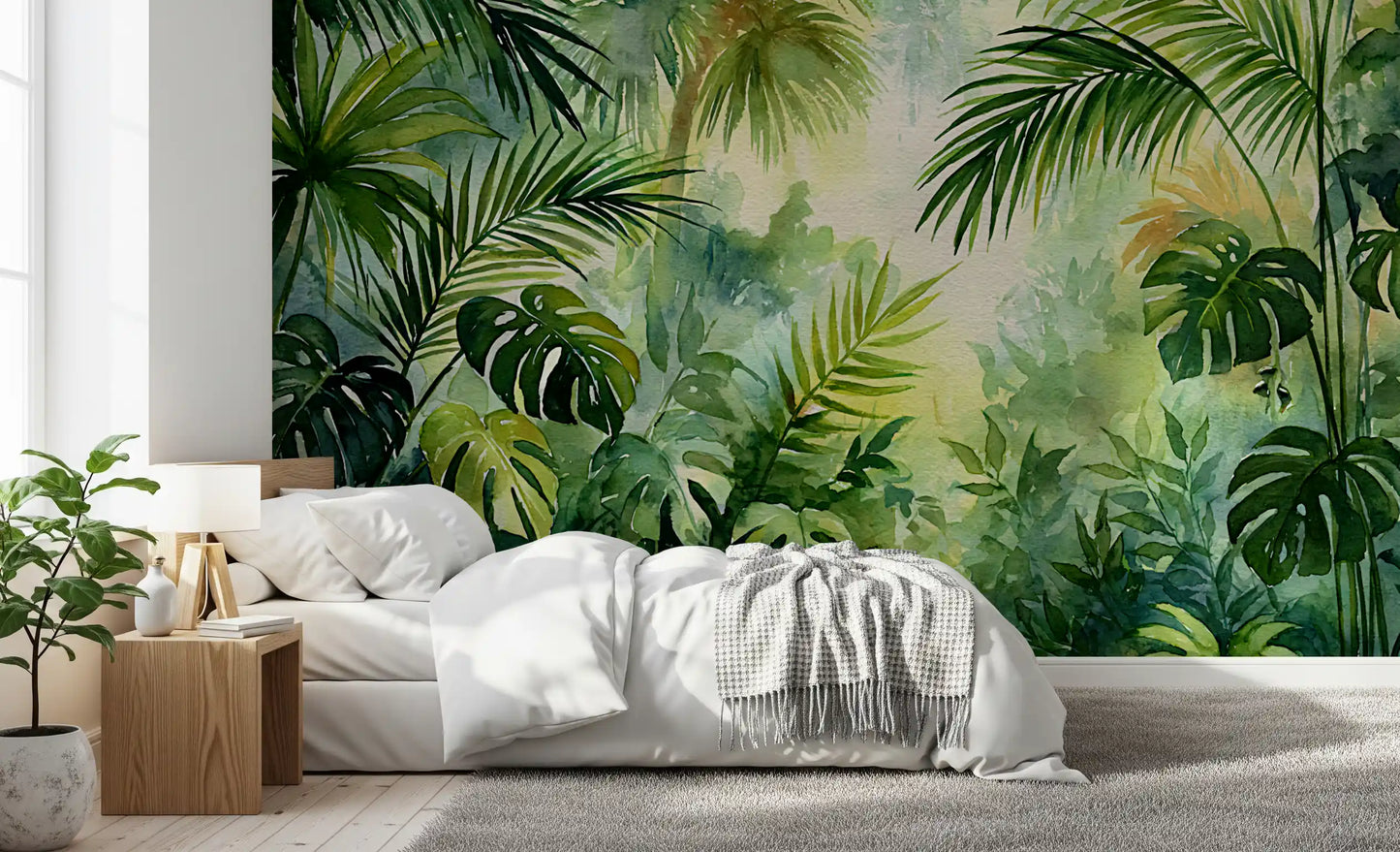 Murale da parete con fogliame di oasi tropicale nebbiosa