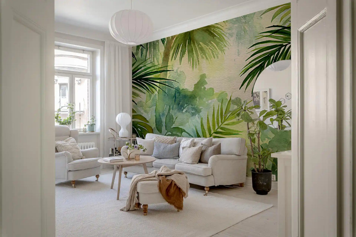 Green tropical foliage wall mural adding misty palms to a living room GD11554