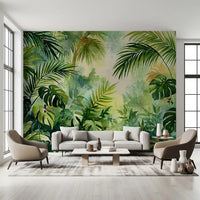 Murale da parete con fogliame di oasi tropicale nebbiosa