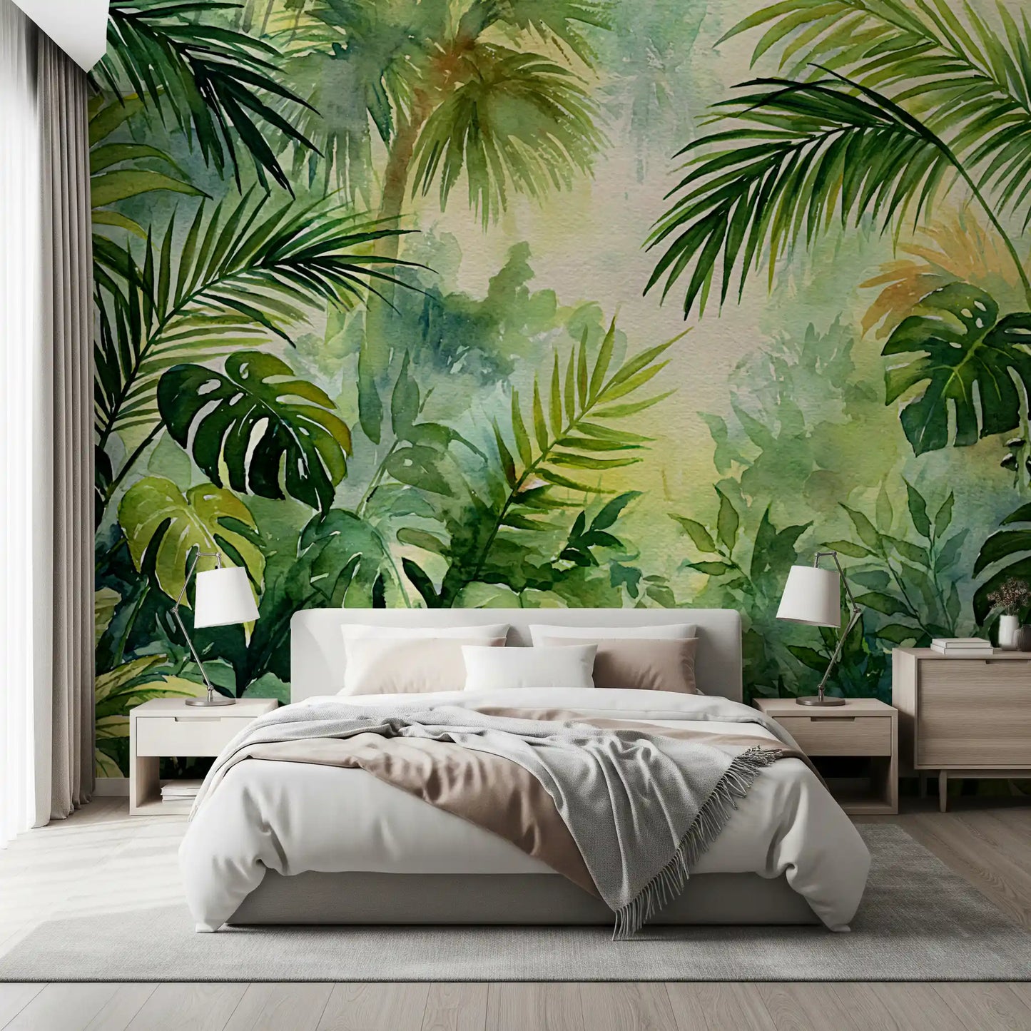 Murale da parete con fogliame di oasi tropicale nebbiosa