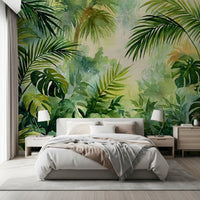 Murale da parete con fogliame di oasi tropicale nebbiosa