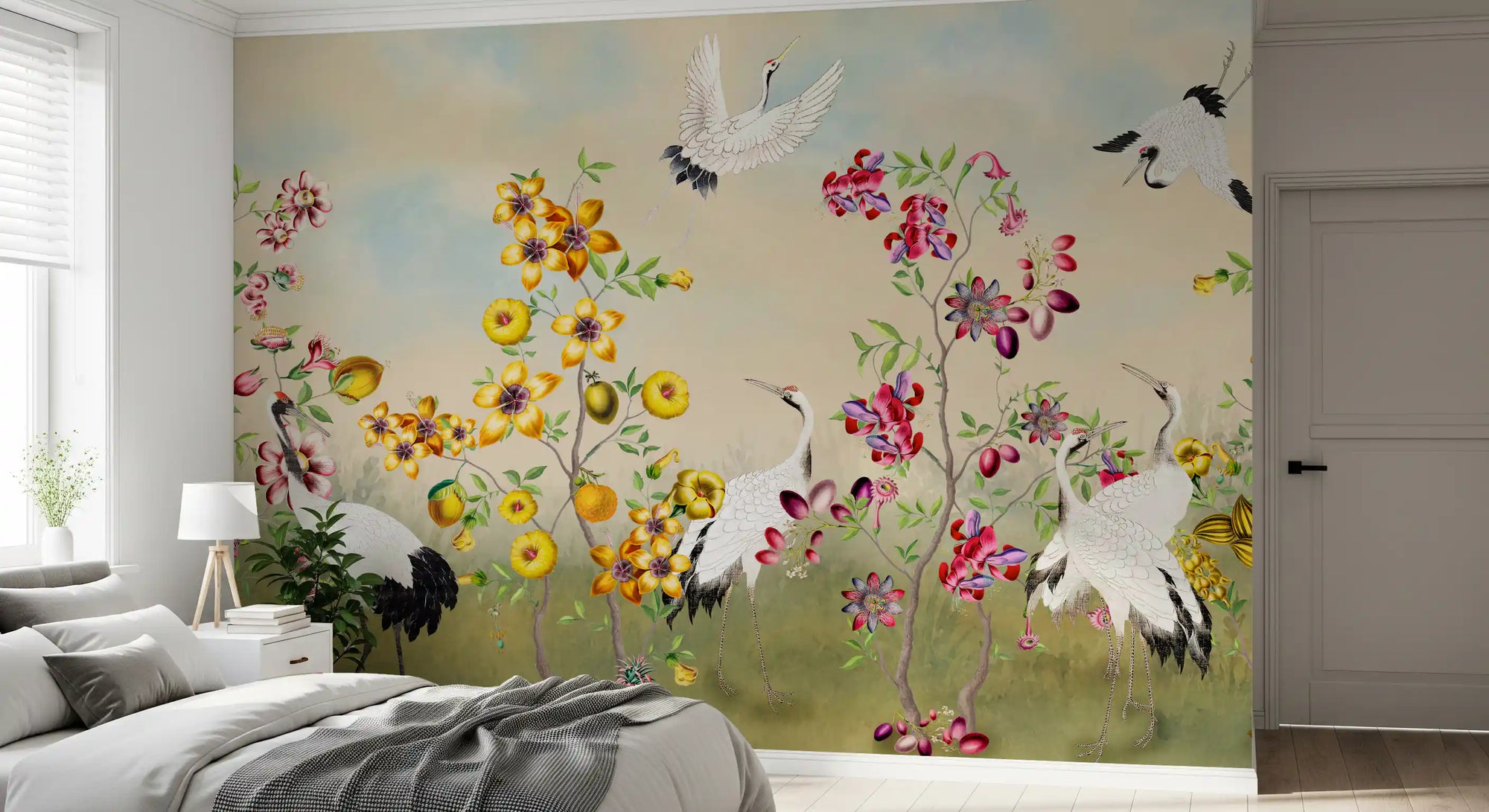 Pink blossom and birds on a chinoiserie wall mural in a bedroom GD11555