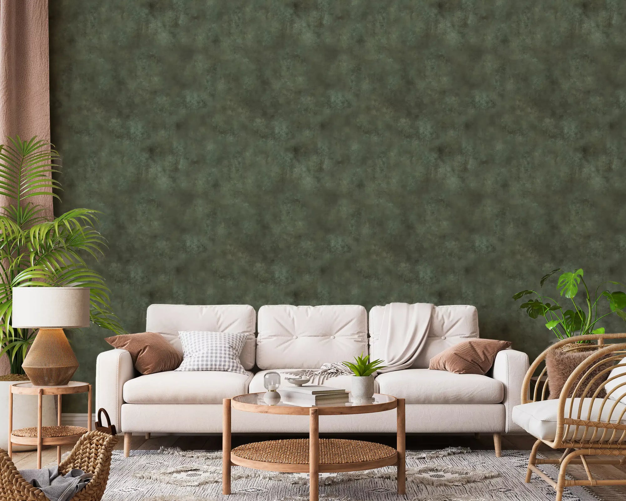 Moss green painterly wallpaper covering a full living room feature span GD11572
