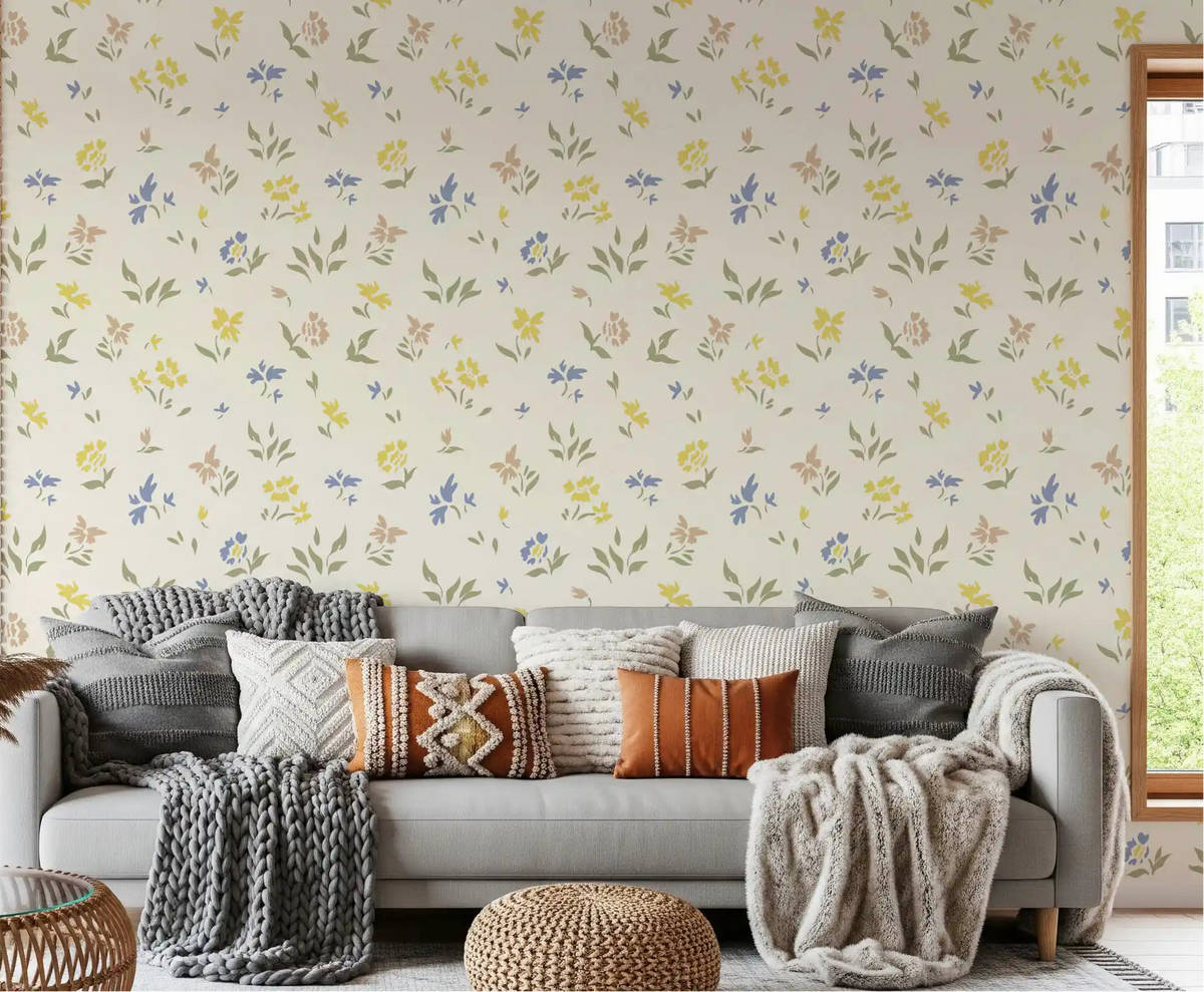 Pastel blossoms drift over cream to warm a living room in this wallpaper GD11575
