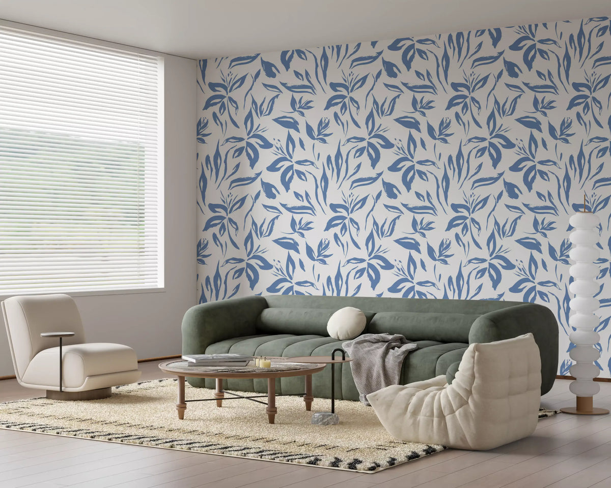 Living room styled with the Azure Brushstroke Botanical wallpaper GD11578
