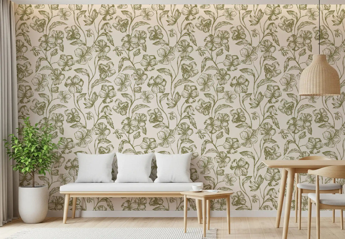 Vintage Botanical Floral wallpaper greening a calm Dining room backdrop GD11586
