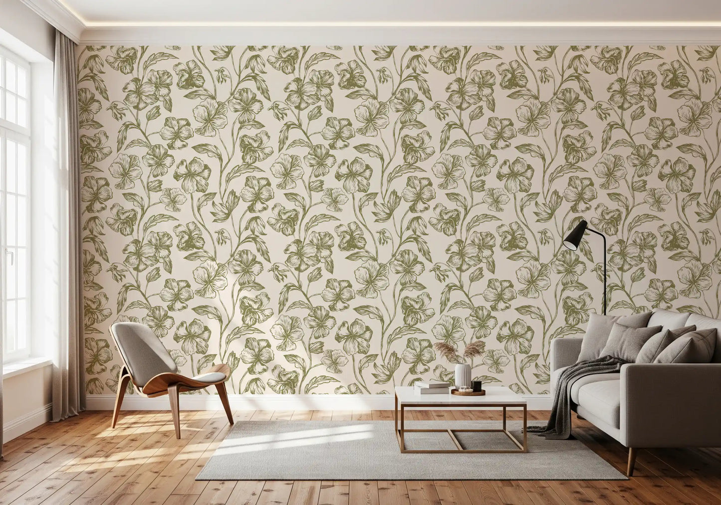 Vintage botanische Linienkunst Blumen-Tapete