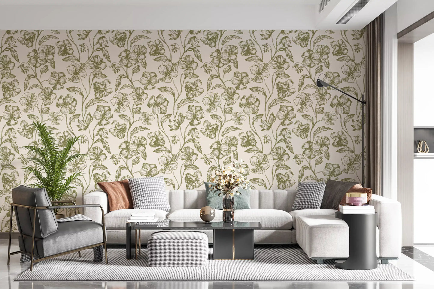 Vintage botanische Linienkunst Blumen-Tapete