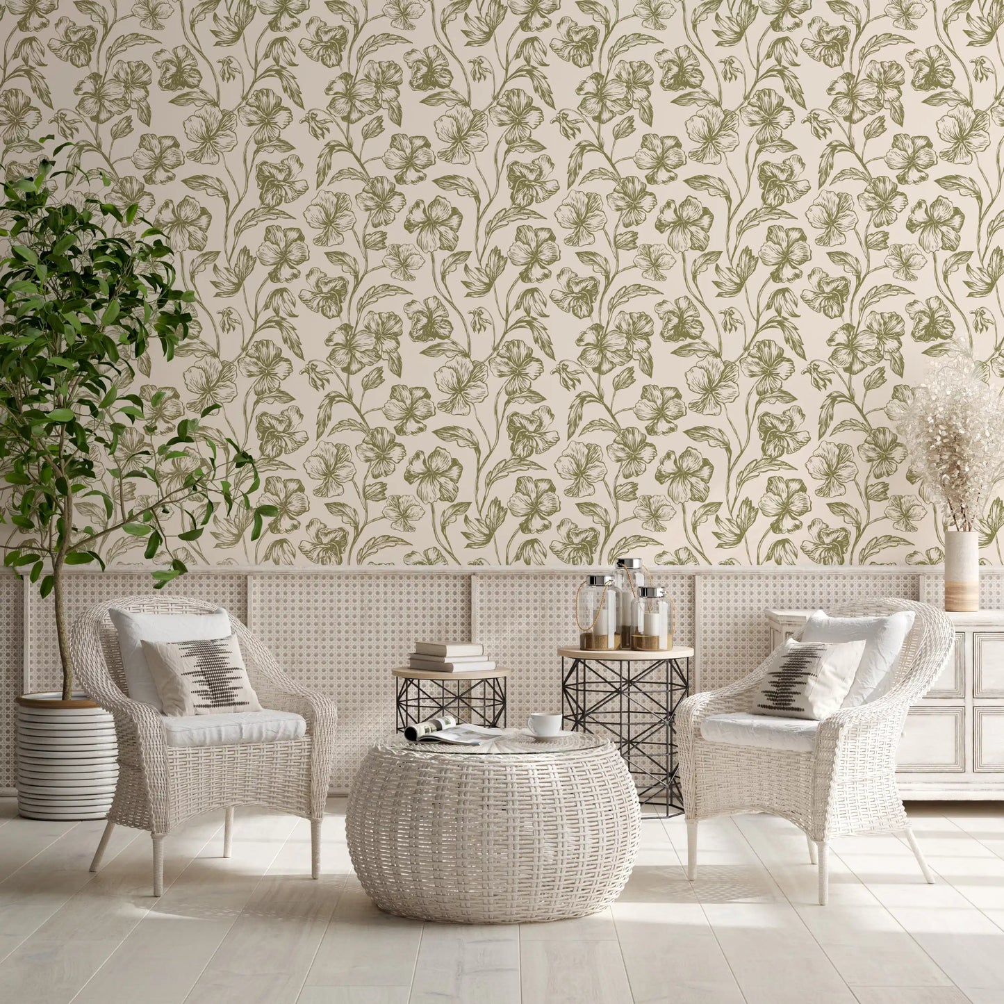 Vintage botanische Linienkunst Blumen-Tapete
