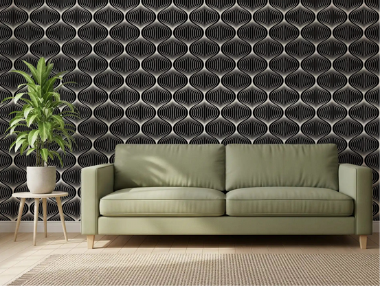 Bold black and white arcs wallpaper making a living room feel graphic GD11587
