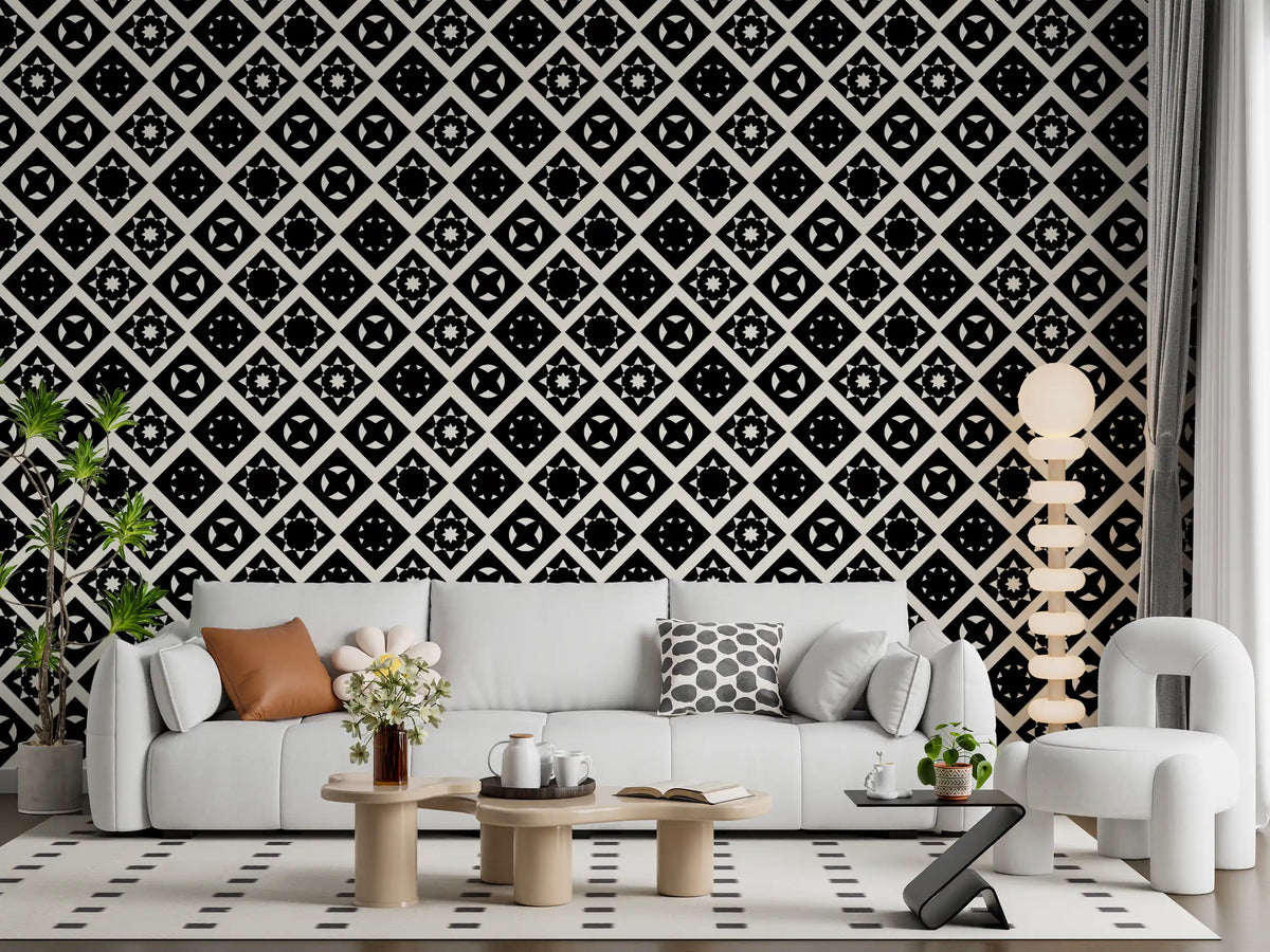 Living room dressed in the Abstract Star Diamond Tile wallpaper GD11588
