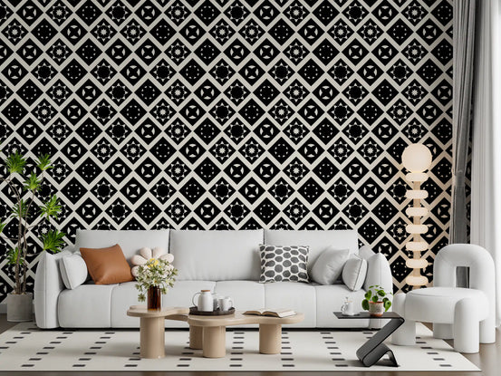 Living room dressed in the Abstract Star Diamond Tile wallpaper GD11588

