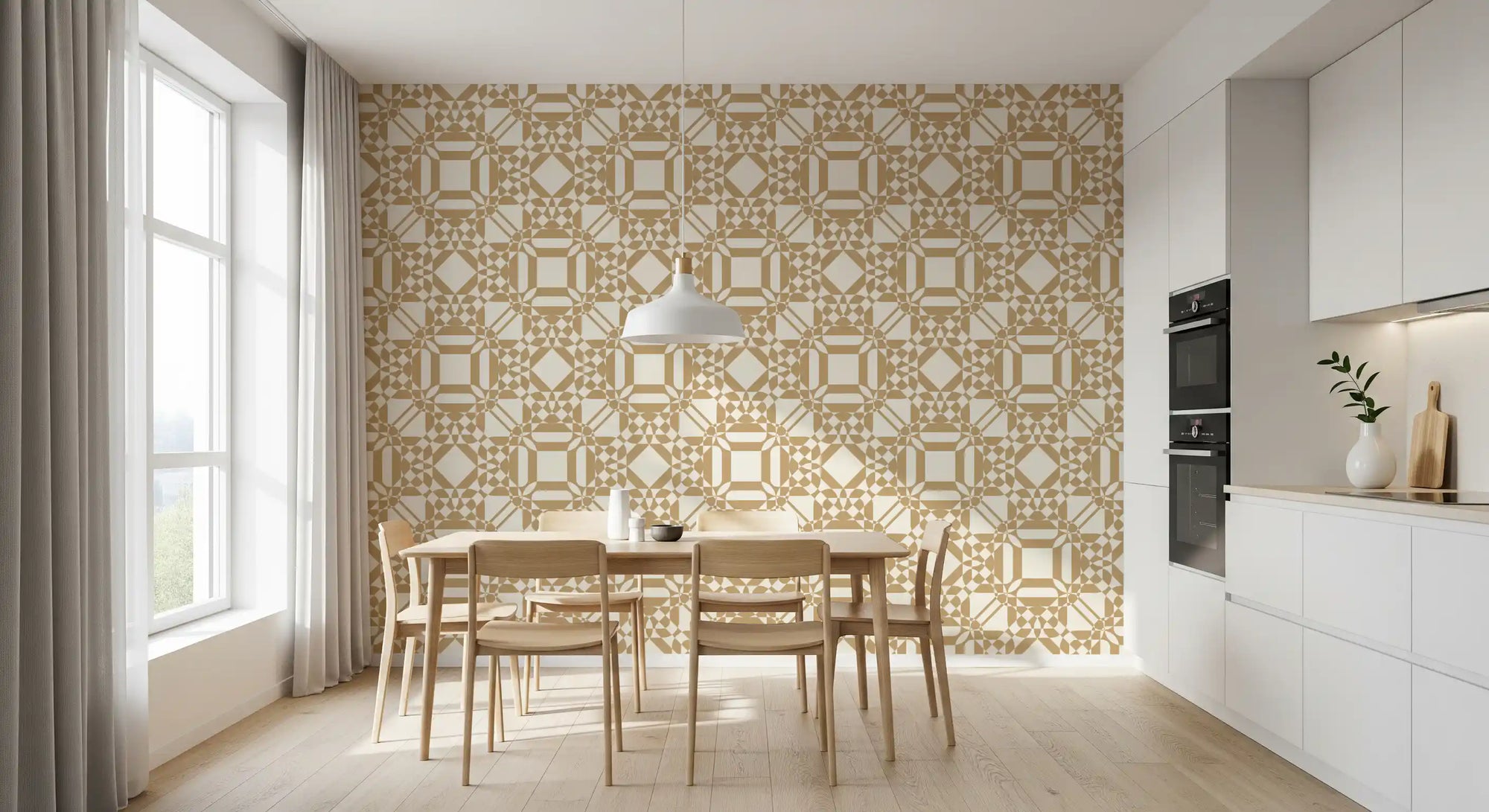 Interlocking gold shapes line a dining room, geometric pattern wallpaper on cream GD11590
