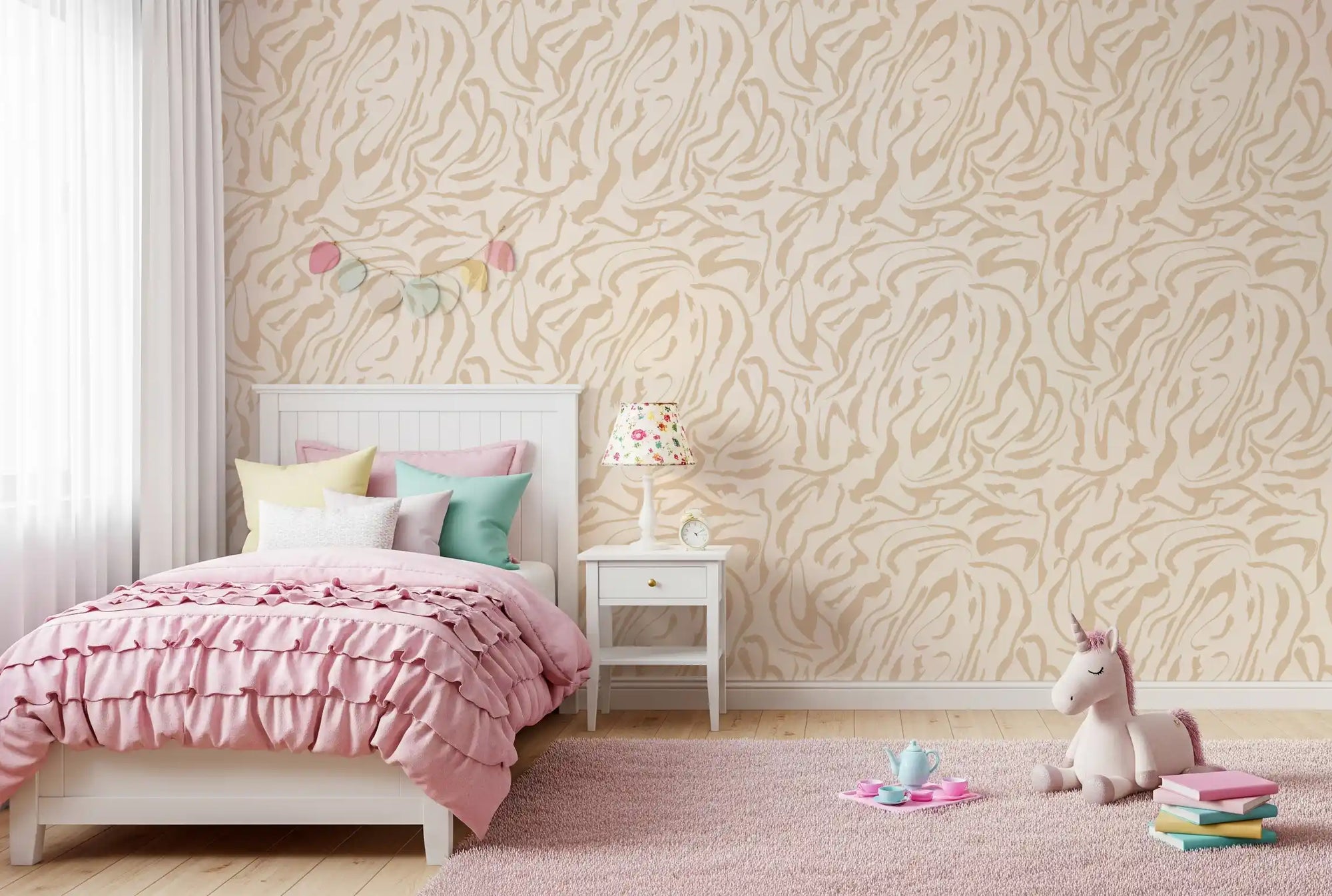 Creamy fluid brushstrokes swirl behind a bedroom in beige wallpaper GD11593