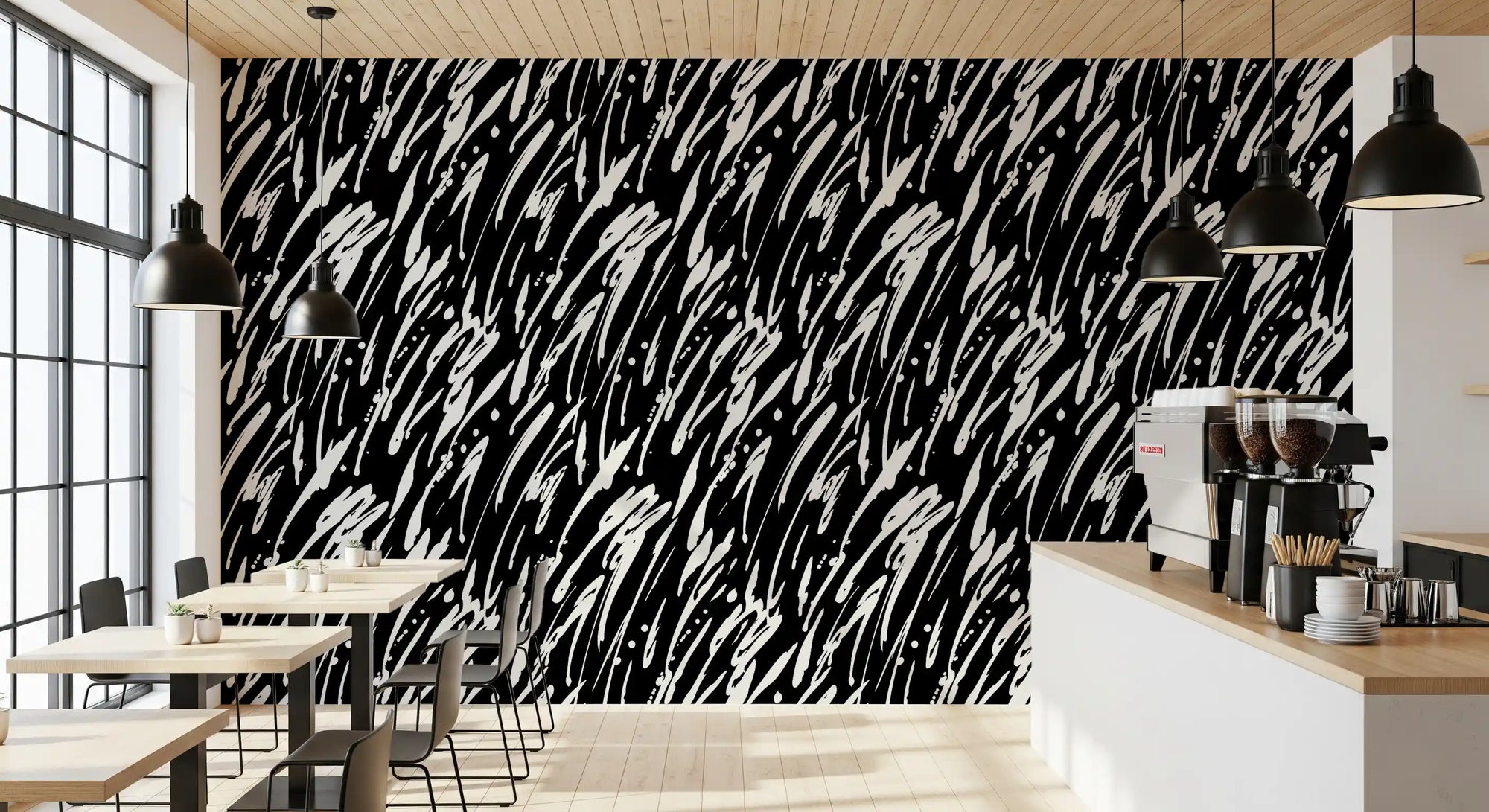 Cream strokes slash behind a cafe area, monochrome abstract wallpaper on black GD11594