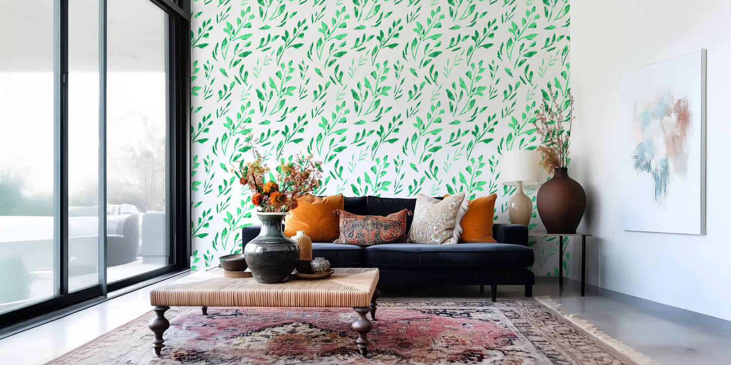 Handgezeichnete Tapete mit grünem Gartenmotiv