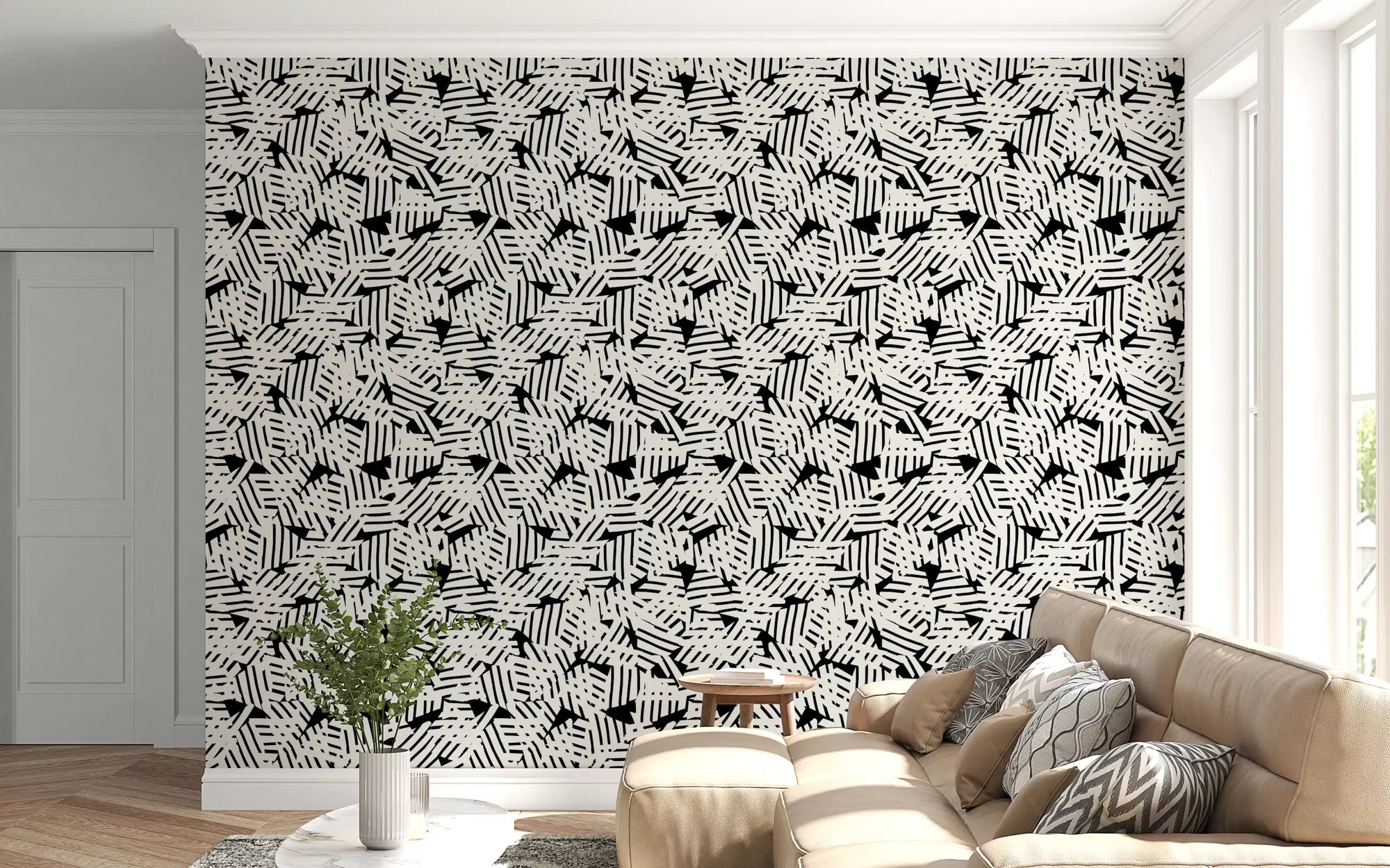 Monochrome Geometric Grid lifts the wallpaper in a bold living room GD11601