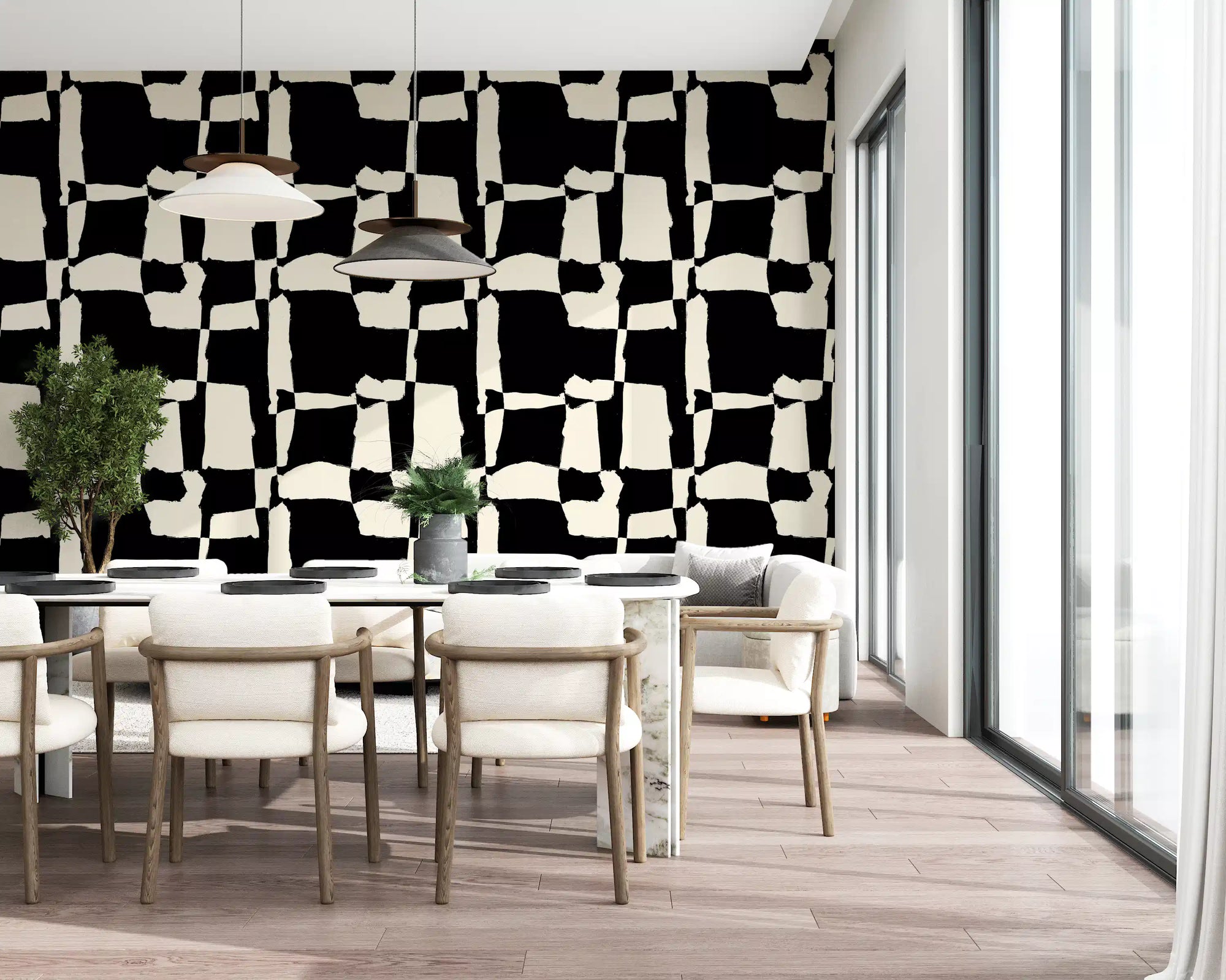 Monochrome Blocks stack on the wallpaper in a bold dining room GD11602