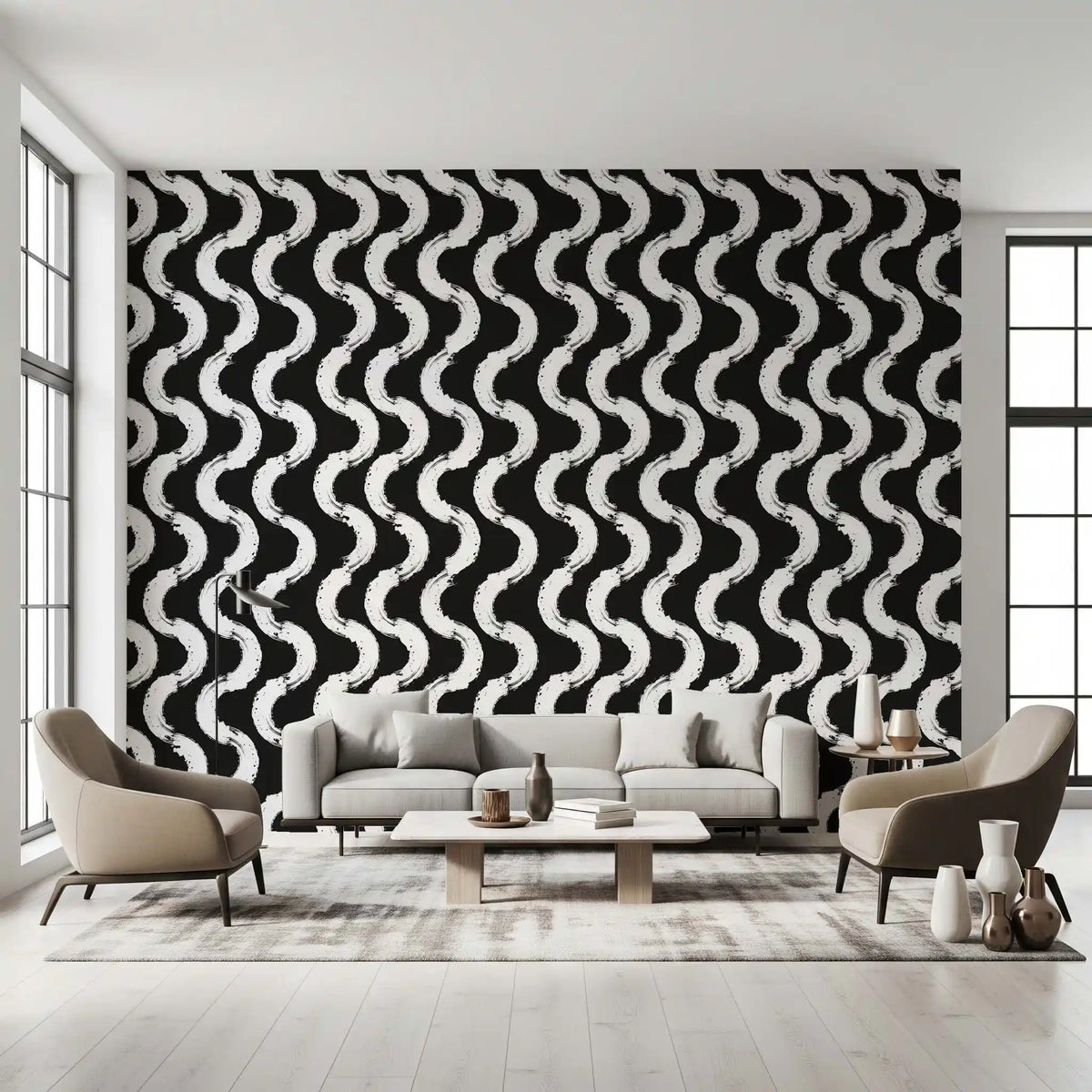 Abstract Painted Waves ripple on the wallpaper in a bold living room GD11606