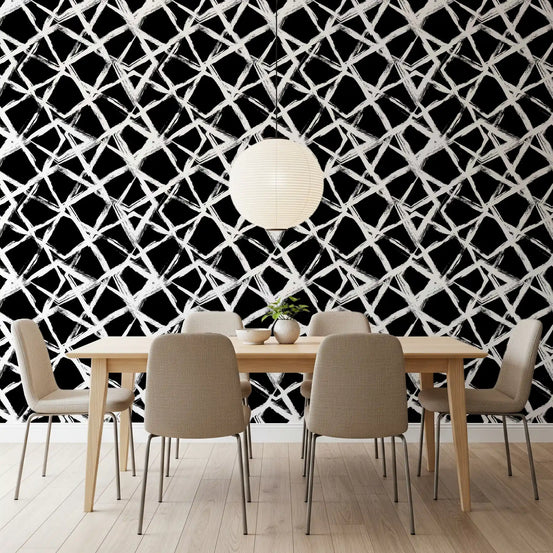 Black on white brushstroke grid wallpaper styling a dining room GD11610
