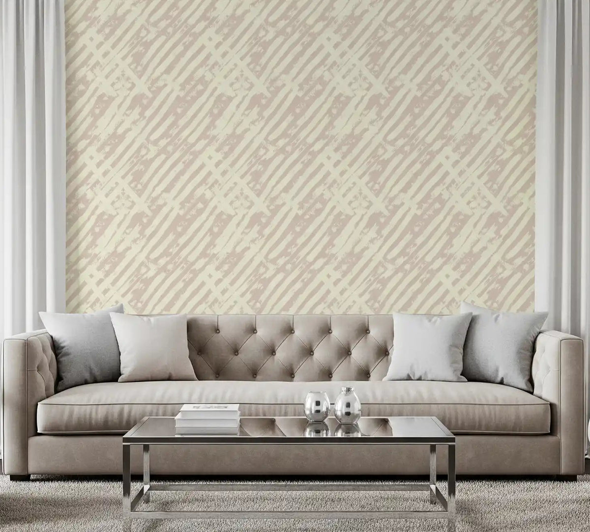 Cream Brushstroke Grid wallpaper warming a neutral living room backdrop GD11613
